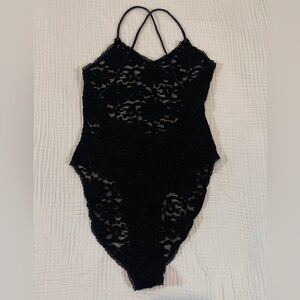 Vintage Val Mode Blue Gene Black Lace Teddy Medium Bodysuit Boudoir 80’s 90’s